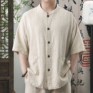 Chinese style cotton and linen men's short-sleeved shirt Chinese retro stand collar casual shirt loo