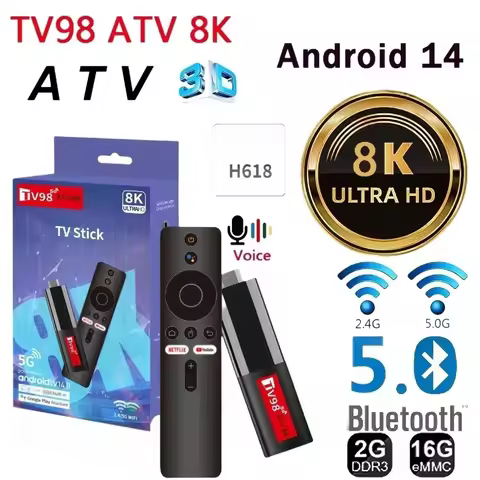 TV98 ATV Mini TV Stick Android 14 H618 Quad Core Cortex A53 Support 8K Video 4K Wifi6 BT5.0 Voice Re