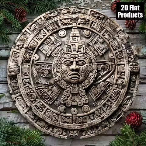 2D Flat Aztec Calendar Round Metal Tin Sign - Ancient Mayan Sun Stone Themed Wall Decor, Mystical Me