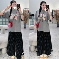 Women's long pants set, women's home wear set, cat printed zip t-shirt set with polka dot shorts wit