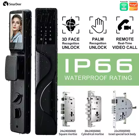 SmarDeer IP66 Waterproof Smart Lock, 3D Facial & Palm Recognition Fingerprint Door Lock, Video Alarm