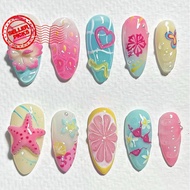 Almond False Nails Tips Summer Beach Colorful Nails Sets With Flower Design Press On S7q2