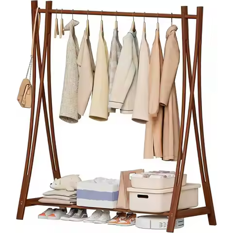 Durable 52W x 57H Wooden Hanging Clothes Rack with Storage Shelves for Coats, Shirts, Hats