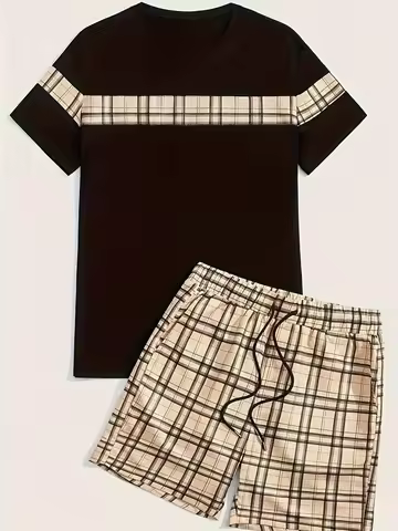 New Men's Two-Piece Plaid Print Fashion Men's Suit Summer O-Collar Short-Sleeved Polo Shirt + Shorts