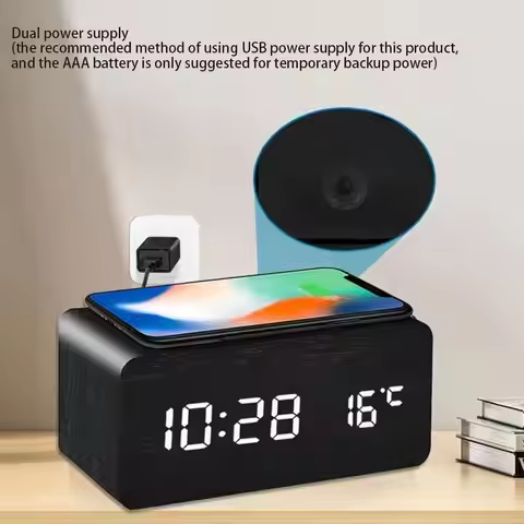 Multifunctional LED Wooden Clock - Wireless Charging Night Light Silent, Time & Temperature Display 