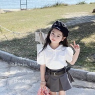 Set áo trắng cổ sen + cv xếp ly + dây lưng cho bé gái TCS1