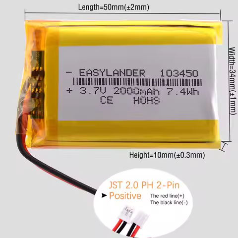 JST2.0 2P Silicone Wires Li-Ion Polymer Lithium Battery Lipo 103450 503040 502030 603048 503759 4020