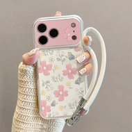 Pastel Pink Floral Butterfly Wrist Strap Shockproof Phone Case For Samsung S25 S26 S24 S23 S22 Ultra