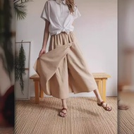 มาใหม่ล่าสุดเอวยางยืดผ้าฝ้ายผ้าลินินกระโปรง Bell Bottoms ง่ายกระเป๋าหลวม Fit Slimming Side Slit กระโ