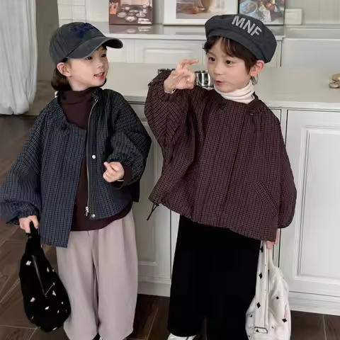 Autumn Childrens Trendy Plaid Jacket 1-7T Korean Loose Boys O-Neck Zipper Coat Kids Short Jackets Gi