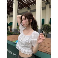 I'Aura Pre-Order | Puff Sleeves Pullable Flat Neck Hem Lace Top _ W10325