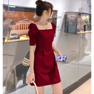 CNY Women Puff Sleeves Square Neck Dress Solid Color Short Sleeve Causal Dress