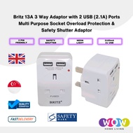 Britz 13A 3 Way Adaptor with 2 USB(2.1A) Ports Overload Protection & Safety Shutter Adapter