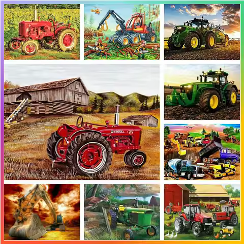 Tractor Excavator Crystal Diamond Painting Cross Stitch Puzzle Printed Mosaic Embroidery Set House D
