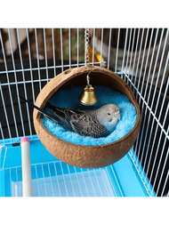 天然椰子纖維鳥巢，適用於小型寵物房屋、床上、飼養、防啄，附有保暖墊和鈴鐺，適用於鸚鵡、長尾鸚鵡、金絲雀、鸚鵡等（通用尺寸，無墊）