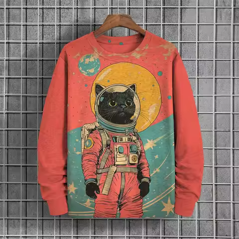 Japanese Pattern Sweatshirts For Men Space Cat 3D Printed Pullover Autumn Oversized O-Neck Hoodies L