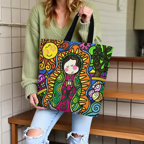 Mexican Folk Canvas Tote Bag Lady of Guadalupe Print Shoulder Bag Casual Handbag for Women Reusable