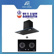 ELLANE EH-2690 90CM BLACK DESIGNER CHIMNEY HOOD + ELLANE WG-2SV 80CM 2 BURNER GLASS GAS HOB WITH SAF