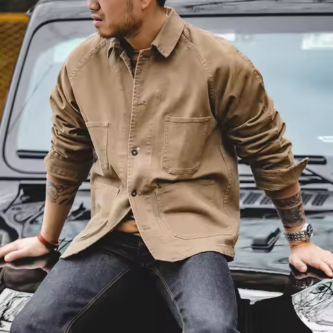 Maden Vintage Khaki Jackets for Men Loose Cotton Solid Chore Coat Amekaji Cargo Casual Jacket Man Cl