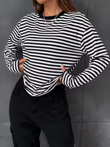 Striped Crew Neck Crew Neck T shirt Casual Long Sleeve Autumn and winter top women's T-shirt loose a