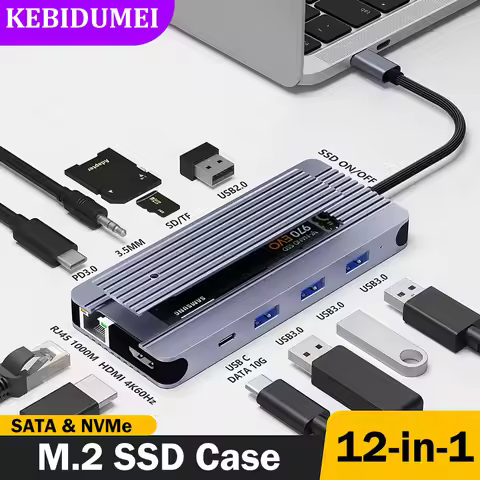 12-in-1 USB C Docking Station M.2 SSD Enclosure USB C HUB TYPE C to HDMI Adapter 4K60Hz 1000Mbps PD1