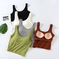 W Woman 2 in 1 Bra Top Fashion Short Vest with Chest Pad Women Threaded Slim-fit Sling Bra Cup Integrated crop Tops