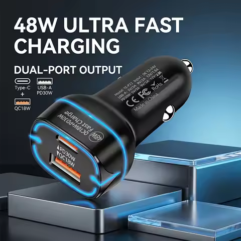 48W Dual Port Car Charger Adapter PD 30W Type C Fast Charge & QC 18W Mini Car USB Charger For iPhone