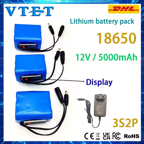 18650 Lithium Battery Pack 3S2P 12V 5000mAh Rechargeable, with Protection Board and 12.6V 1A Charger