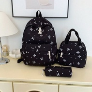 3pcs Nylon Bow Print Backpack Set,Foldable Multi-Po Cket Large CapacityWater-Resistant Zipper Backpa
