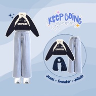 One Set 3in1 | Campblue Sweater + Highwaist Jeans + Bella Square Hijab | - KA134