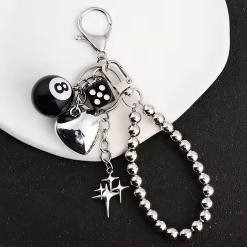 Black Dice Keychain Y2K Pink Lucky Star Burst Pendant Bag Charm Heart-Shaped Black 8-Ball Decoration