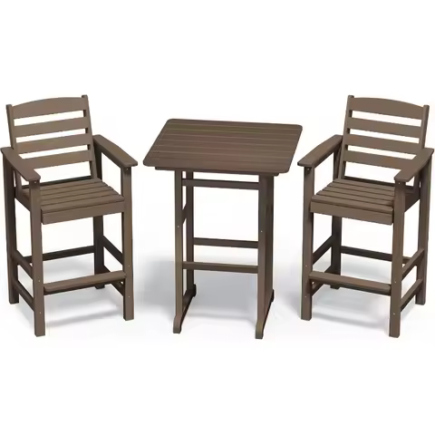 SERWALL HDPE Outdoor Patio Bar Set, Tall Adirondack Bar Chair and Table Set (Coffee, 3 pcs)