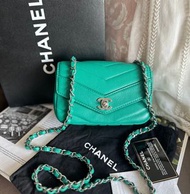 可免息分期 多年正版正貨商標門市現貨 接近閑置💚chanel 荔枝皮tiffany 色 mini square cf classic flap single flap chain bag /cross