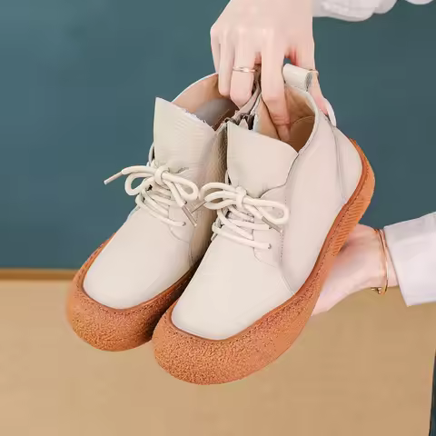 New genuine leather boots woman tied up flats orthopedic shoes women's waterproof booties ladies sof