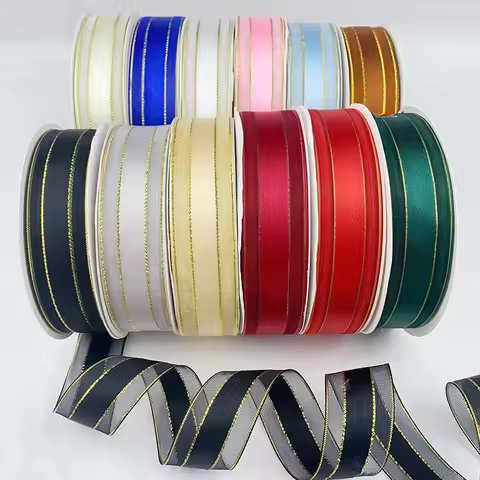 5 Yards 25mm Organza Ribbons Gold Metallic Egde Ribbons For Wedding Christmas Party Decor Flower Gif