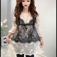Heavy Industry Lace Stitching Top Slightly Transparent Fake Two-Piece Lace Shirt Vest Fake Two-Piece