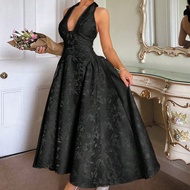 Vintage 3D Embossed Floral V-Neck Sleeveless Flowy Dress For Women Bridgerton Tea Party Dress Black 