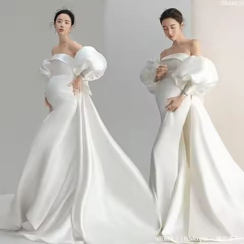 New Studio Gao Ding Simple Satin White Dignified Atmospheric Dress Pregnant Photo Photography