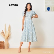 【In stock】Lovito Women Casual Floral Pleated -Puff Sleeves Dress LBL08170 GC0S CBGD
