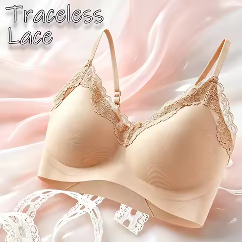 FINETOO Summer Traceless Lace Thin Shoulder Strap Bra Women Solid Color French V-Neck Lace Bralette