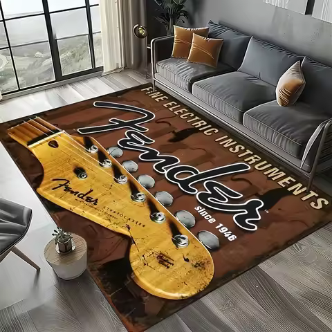 Rock Roll Rug Instrument Themed Carpet, 3D Fender Mat Plush Pile, Non-Slip Music Decor for Sofa Area