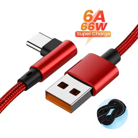 66W 6A USB to Type C Fast Charging Cable 90 Degree Elbow Quick Charging Data Cord for Samsung Xiaomi
