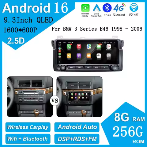 9.3'' 1600*600P Android 16 Bluetooth Wireless Carplay For BMW 3 Series E46 1998 - 2006 Car Radio Mul