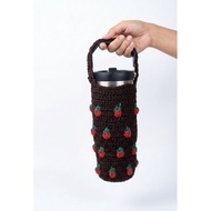 Strawberry motif knitted tumbler cover, handmade knitted tumbler cover, knitted drinking bottle cove