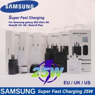 [HOT] สำหรับ Samsung EU/US/UK Original 25W ที่ชาร์จความเร็วสูง Dual Type-C 3A สาย Travel Wall USB-C อะแดปเตอร์สำหรับ S22/21 S10/9 Note10 A70/80 M51