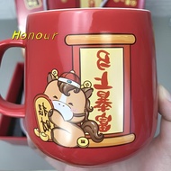 [Honour-t] 400ml Ceramic Mug Gift Set Red Handheld Coffee/Tea Cup &Spoon Towel In Gift Box