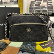 東區正精品㊣CHANEL AP4349 全新黑色牛仔布單寧金鏈雙拉鍊肩背斜背相機包RZ6565