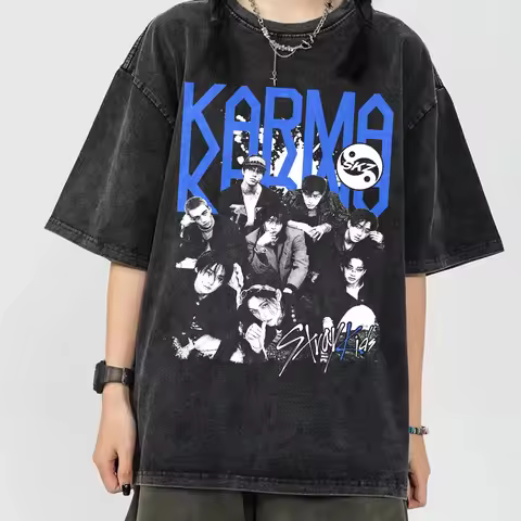 Kpop Stray Kids - SKZ KARMA new Man T-Shirt O-Neck 100%Cotton Short Sleeve Y2k Oversized Popular Str