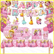 Mario Peach princess Party decorations tablecloth Birthday balloons banner cake toppers tableware fork spoon plates