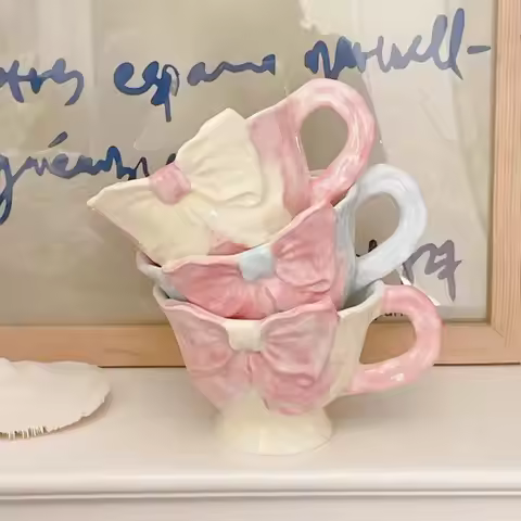 1Pc 180ml Hand-Painted Bowknot Ceramic Coffee Cup, Hand-Pressed Flat Handle Mug, Suitable for Coffee
